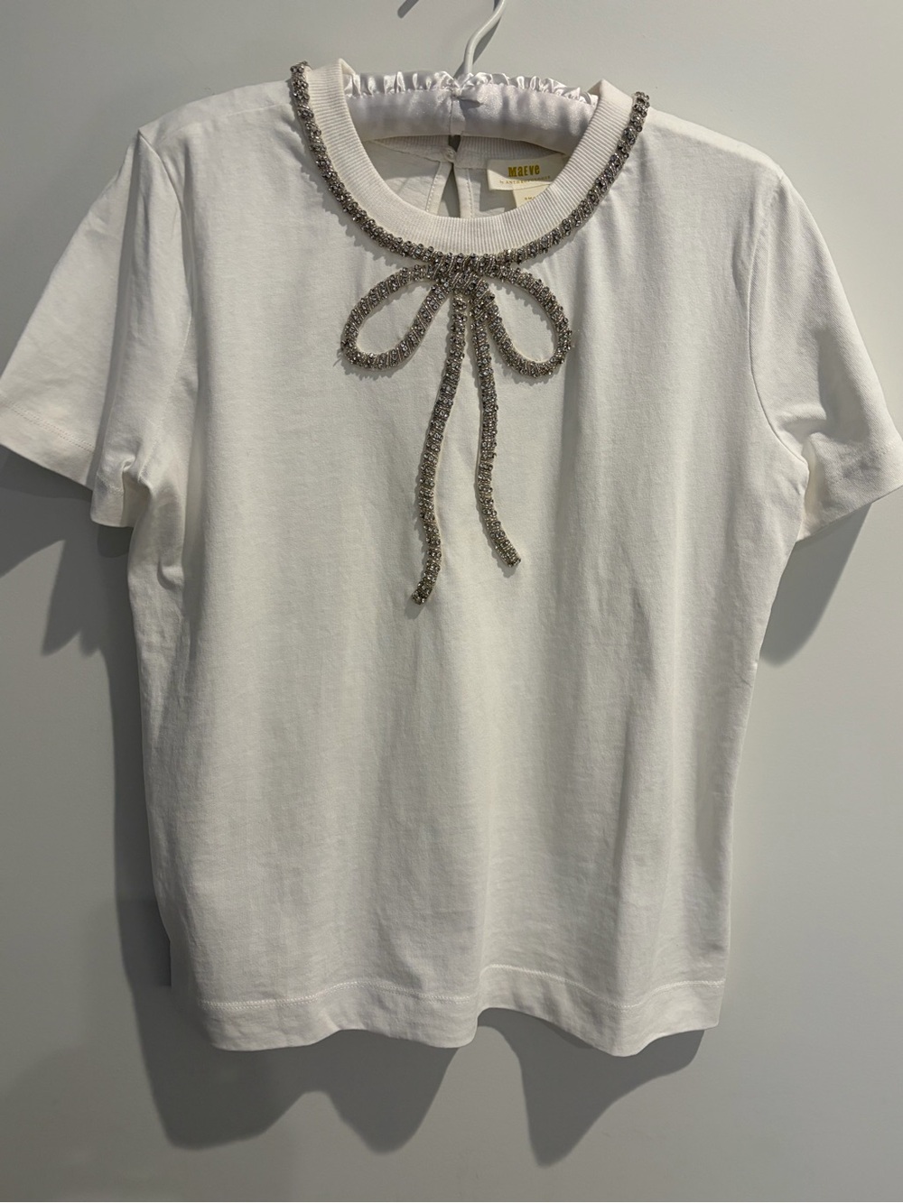 Maeve White Short Sleeve Tee with Rhinestone Bow Neckline